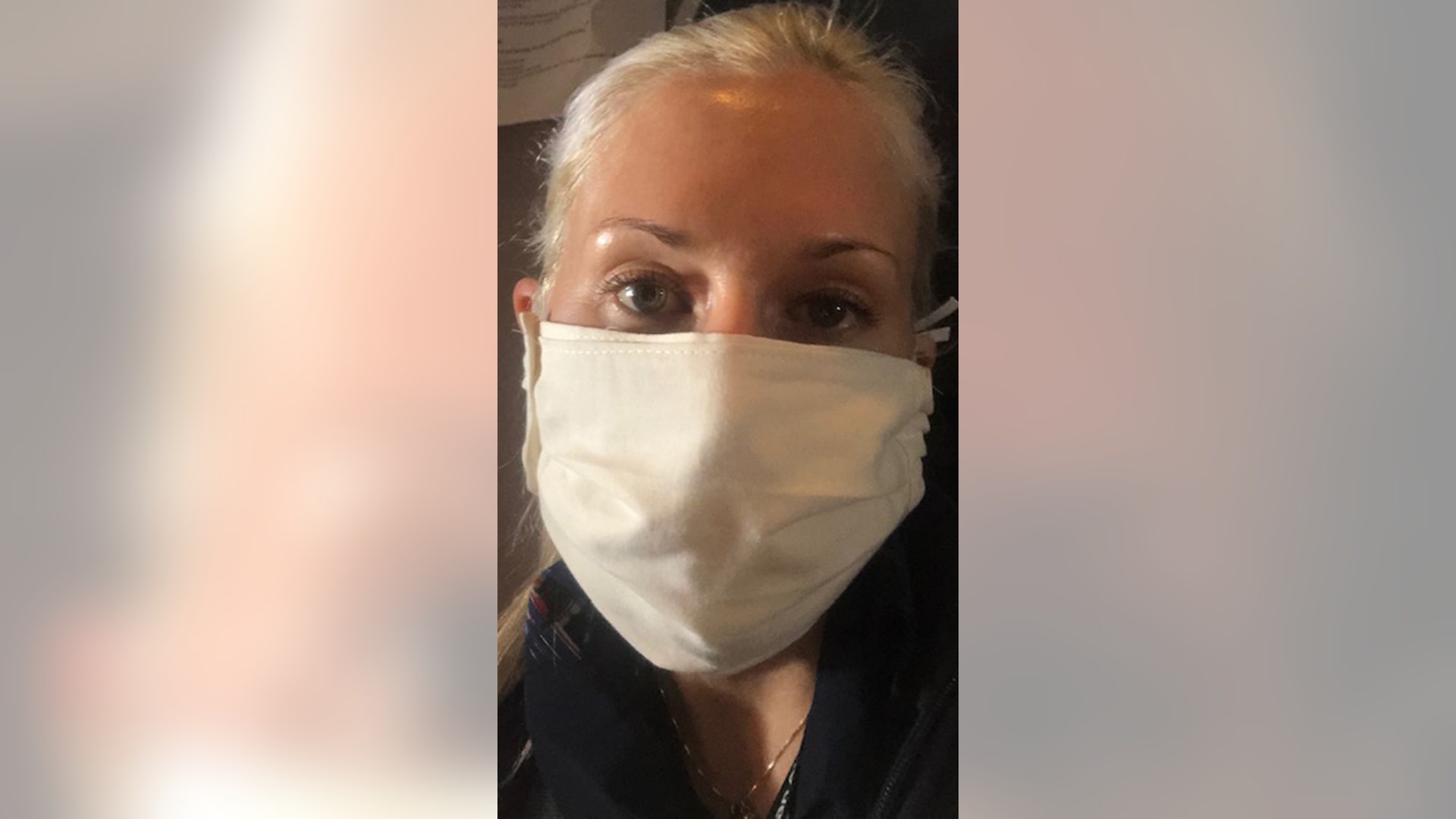 My name is Amber. I’m a flight attendant. I choose to keep flying for two reasons. 1) If I don’t work, I don’t get paid. Since I support myself, I have no choice. 2) I’m happy to have a job at this time. Yes, I’m panicking some days, but I have a good support system of other flight attendants who are there for each other. I’ve been flying twenty years. I lived in Dubai for many years. While living there, I caught MERS. It’s the sickest I’ve ever been and I really hope I don’t have to go through something similar again. This picture is from my last trip just a few days ago. The mask was sent to me from my cousin, whose friend made the mask from a pillowcase. I was on the last day of the trip. I was tired, worn out, my nerves were shot and my patience had run out. I think my eyes clearly show my mood, but I wanted to convey that there’s a little strength left in there. Some days I feel like flight attendants are pleading, just to be noticed as frontline ‘essential’ workers. I’m hoping that we survive this as a nation. May we all band together to survive!