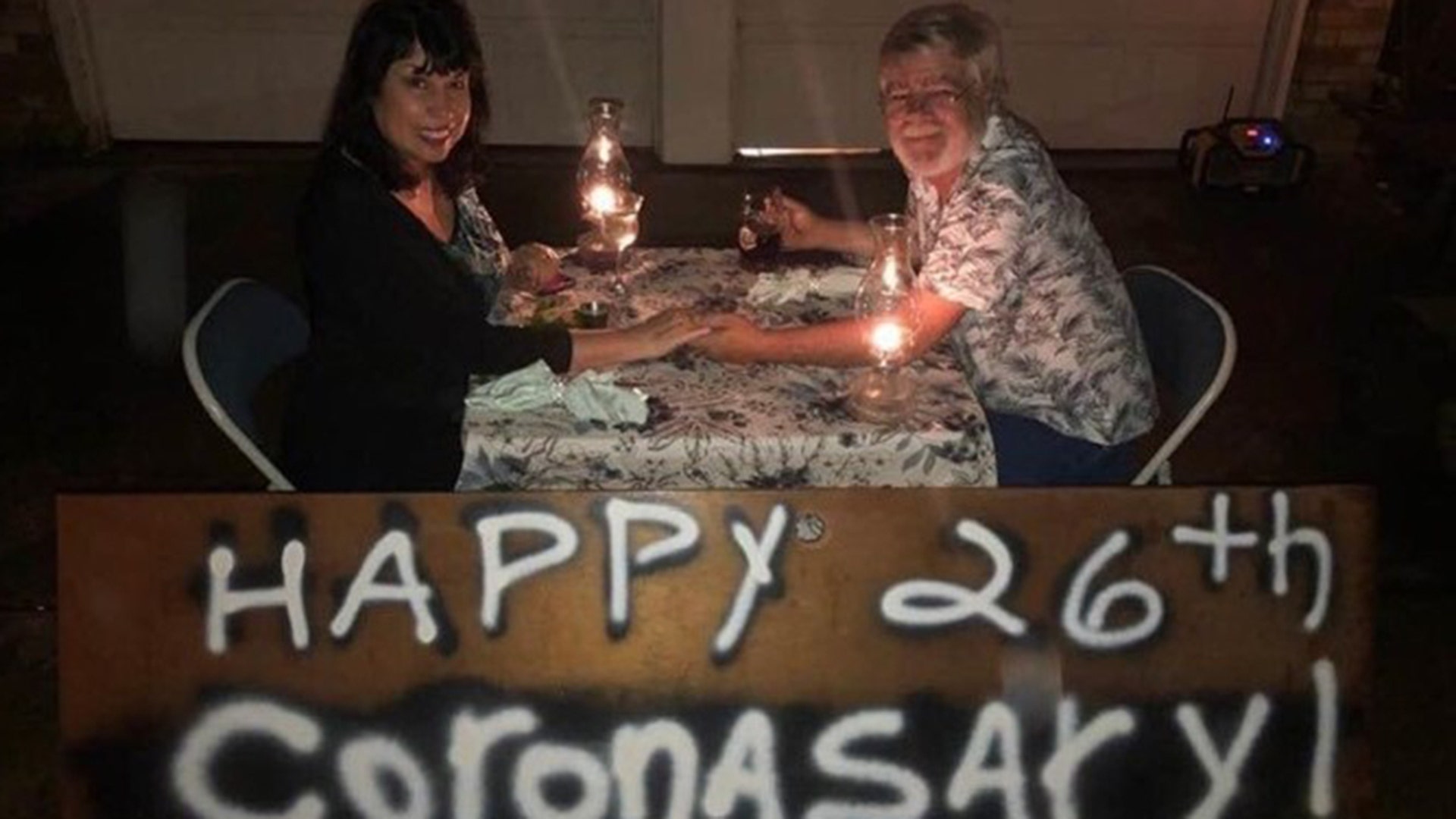 Hi Fox News! Wanted to share a picture with you guys! My parents celebrating their 26th anniversary! “It was the best of times, it was the worst of times…” Mary Ann and Mark McNulty – 4/6/2020 “My husband is the best! He surprised me with this entire set up. He grilled a couple of delicious rib eyes, sautéed mushrooms and a baked potato. With the help of my daughter, they created this sign. And yes, we even danced with the music playing in the back ground. No matter what, never stop dating your mate and let them know how much they mean to you!” (Mary Ann Perez McNulty’s FB post) Best Wishes, Anna McPherson