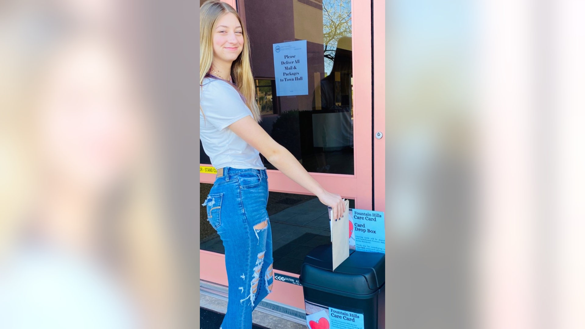 The town of Fountain Hills, Arizona has challenged all students while at home to make cards for their elderly shut ins and to give cards with the delivery of meals on wheels. Sophia Wickland is the first to make the cards and put them in the box located at the Community Center