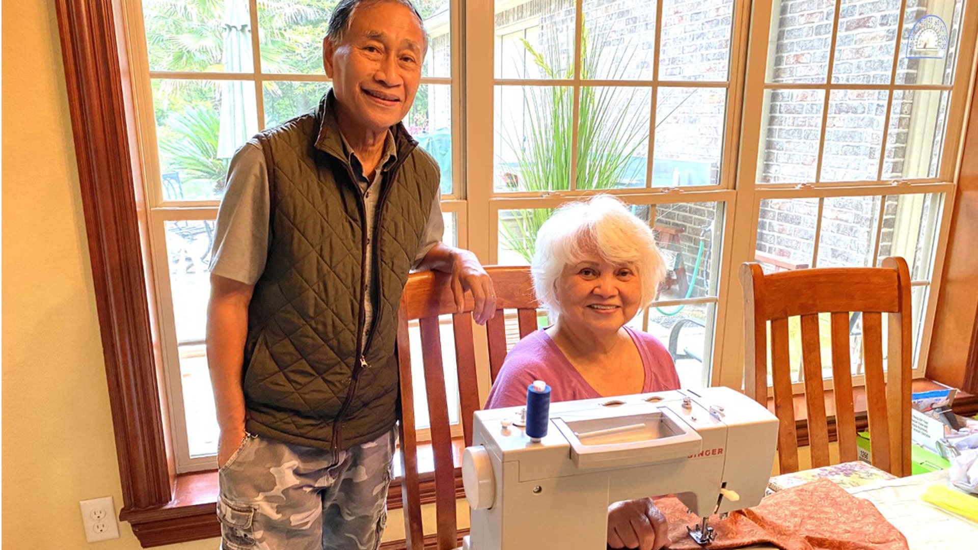 Marieta and Alfredo Llave making cloth masks for the community. Alfredo Llave is a retired US Navy veteran with his wife. This photo was taken in Tyler, Texas