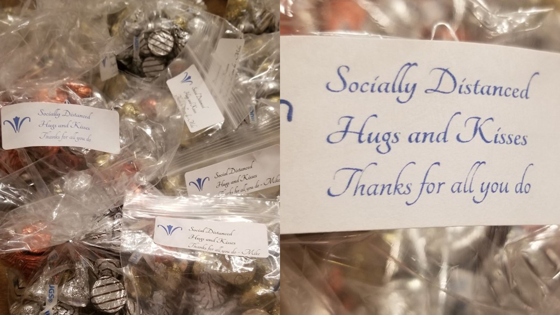 I am blessed to visit multiple medical facilities every day for medical specimens. After seeing these dedicated professionals, I was moved to offer virtual Hugs and Kisses to them. Socially Distanced Hugs and Kisses Thanks for all you do It is a small gesture, but it let's them know they are not forgotten. Thanks, Mike