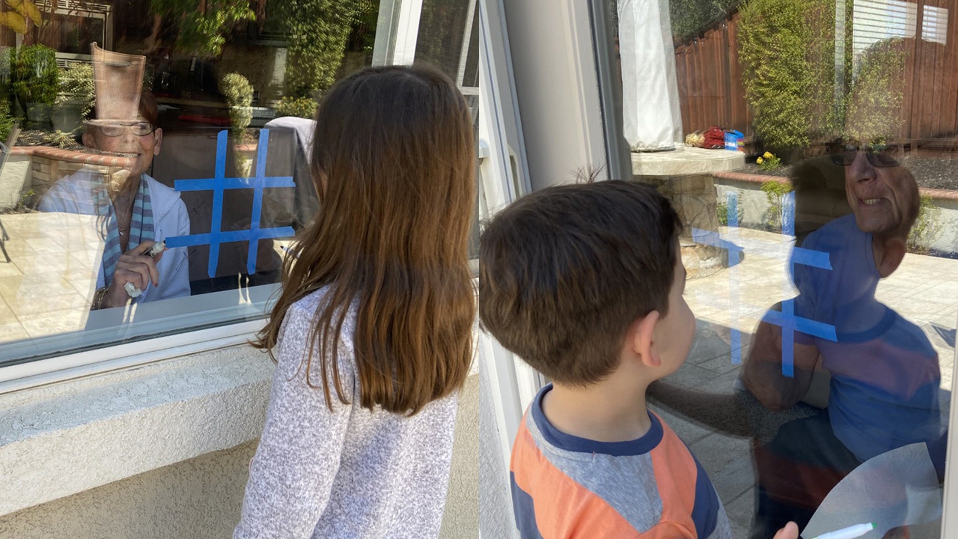 We can’t hug them and kiss them, but we can still play with the grandparents. Aubrie 7 yo and Carter 6 years old, playing tic tac toe (with dry erase markers) with their Mimi and Opa in San Ramon, CA