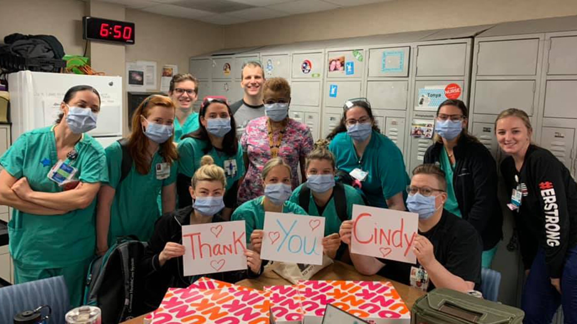 My sister is an emergency room nurse at a level one trauma center in Charlotte, NC. I sent the emergency department donuts as a tiny token for all they are doing on the front lines. This photo is what they posted to me on Facebook and needless to say, it made me cry. Cindy Dorman