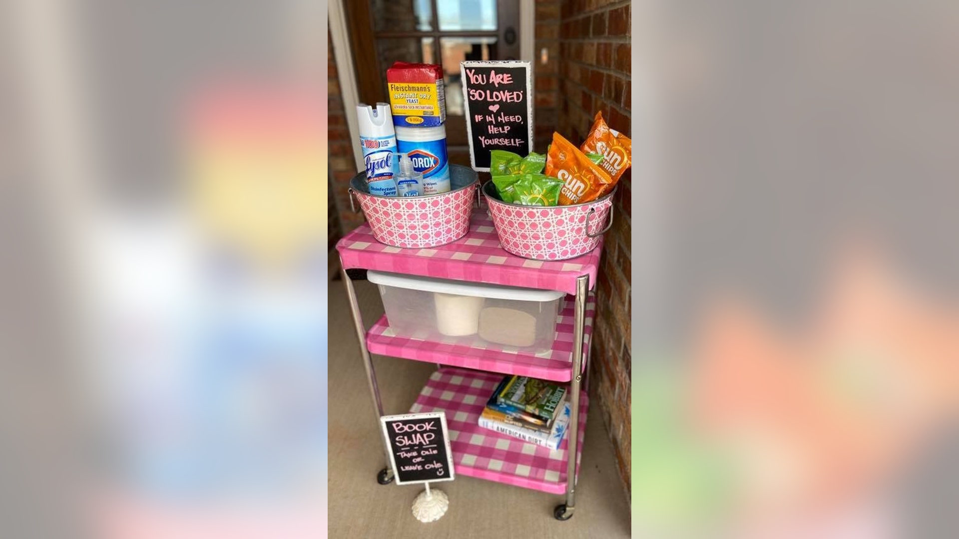 We keep this cart on our front porch for delivery people, neighbors, and sub contractors building homes in our neighborhood Meridith Copeland "so loved", Rob's wife, Allen &amp; Mimi Cate's mom, and YOUR friend!