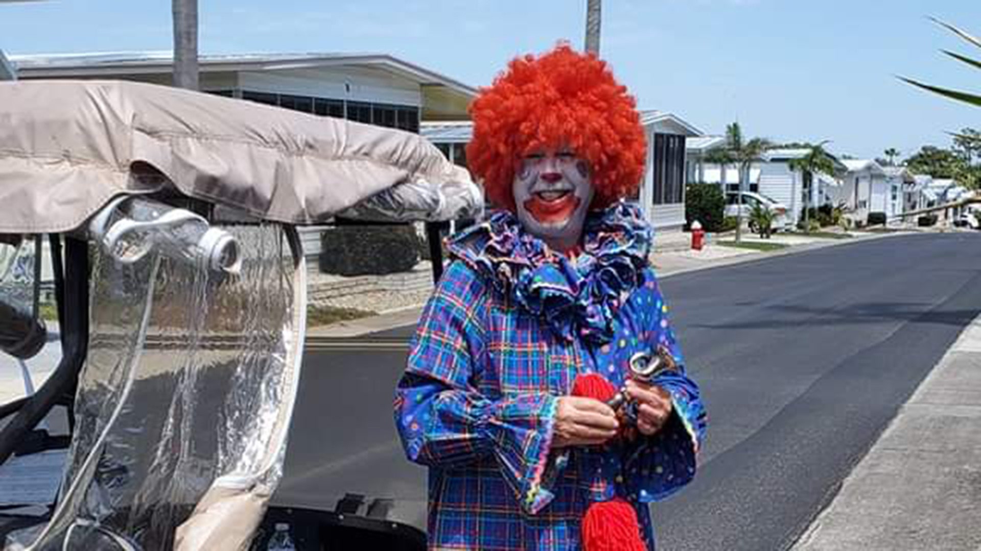 After a remote video magic show with grandkids in Maine Jiggles the Clown took a golf cart ride around his 55 plus mobile home park in Florida just to bring a smile to friends and neighbors (going to do it again on Saturday). Just a small way to brighten our day in this world of craziness. Sincerely, Dan Hannafin Largo Fl.