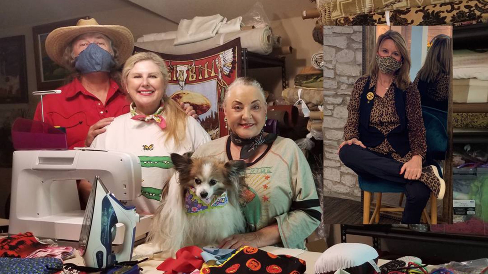 Elaine Palance and Sarah Pennington have their company Saralaine Designs and for some time now they have been sewing unique dog scarves. Elaine Palance is legendary actor Jack Palance’s widow and career seamstress. Just recently people have been asking Elaine and Sarah Pennington to make masks that would have a filter compartment for the best safety and that looked prettier or more handsome that the hospital masks - for the general public. Their masks have a slot where the user can add any filter material – then after use - remove the filter, wash/dry the mask, add a new filter and ready for the next time someone needs to go to a store or is essential at a company. It was very easy to shift gears from the dog bandanas to making scarves that can save lives as well as look nice. Sarah and Elaine are working night and day presently. In this photo below, there is Elaine Palance (center) with her dog Pootie wearing one of their Saralaine scarves….then Sarah Pennington behind the iron and sewing machine. That is Sarah’s husband modeling a denim mask – Jay Pennington who is a filmmaker and actor. On the right of the picture is a local doctor who wanted a mask to match an outfit of hers to be safe and fashionable in these times.
