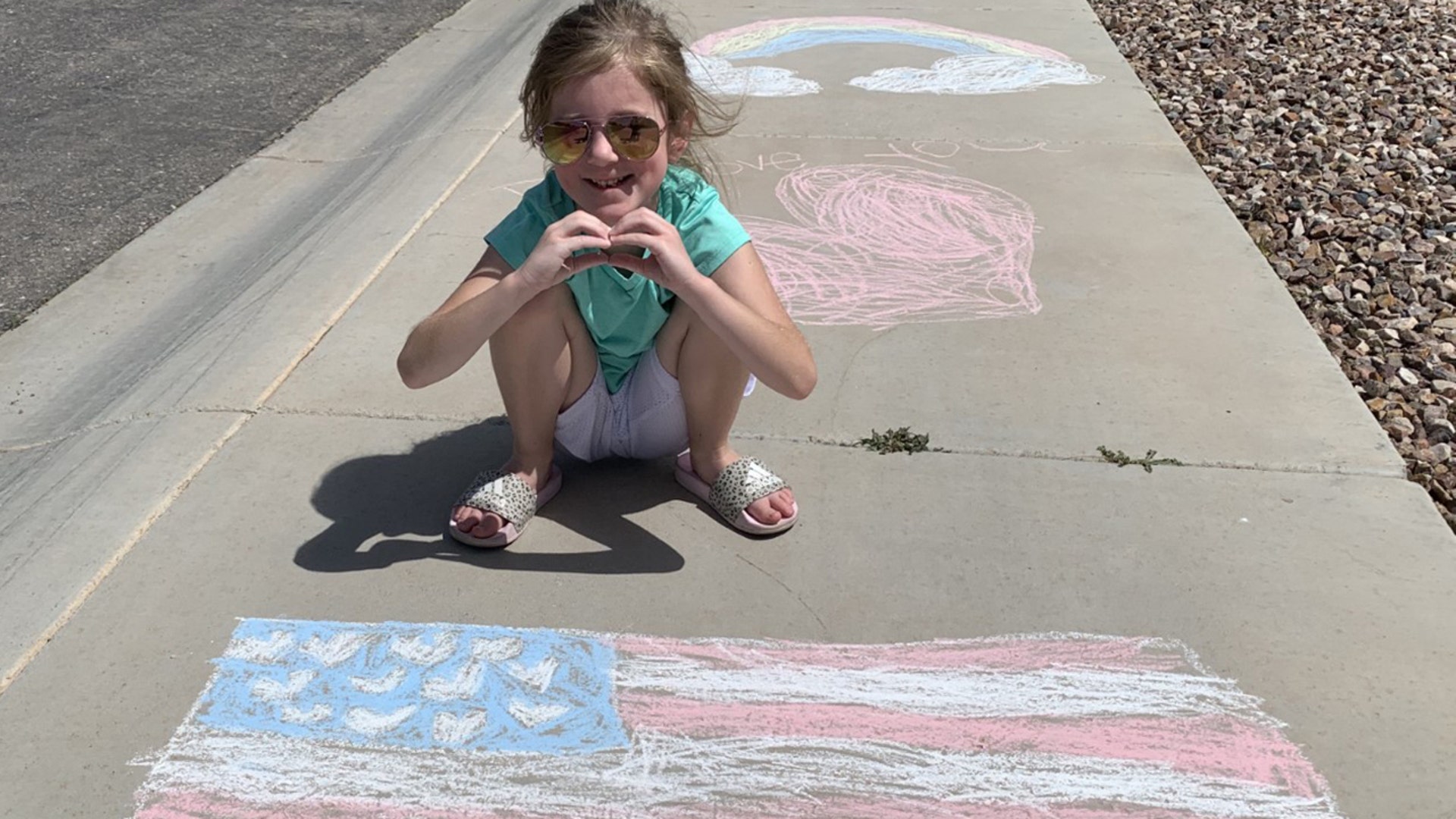 This is Emma Rae, she is 6 years old and missing the last couple of months of her kindergarten year as Arizona canceled school for the remainder of the year. Her teacher Mrs. Crow delivered side walk chalk to all of her students. When I asked Emma Rae what she wanted to draw she said “an America flag of course” she decided she needed to draw hearts instead of stars because she wanted everyone who saw it to have love. She loves America more than anyone I’ve ever met, I’m thankful she’s too young to understand what is happening ❤️💙❤️