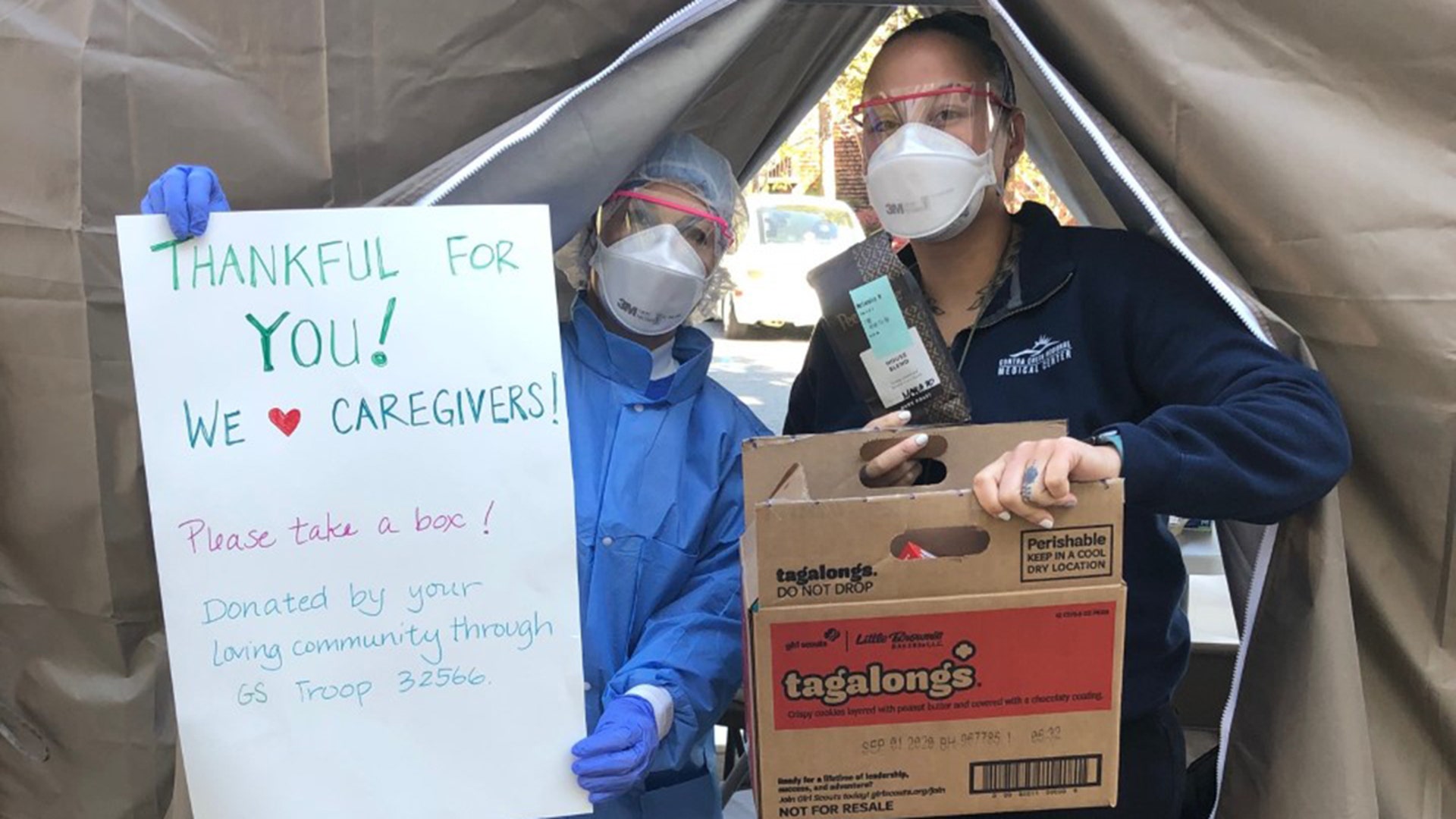 Photo from work at Contra costa regional medical center in the covid 19 testing tent! Girl scouts brought us coffee and cookies ♥️