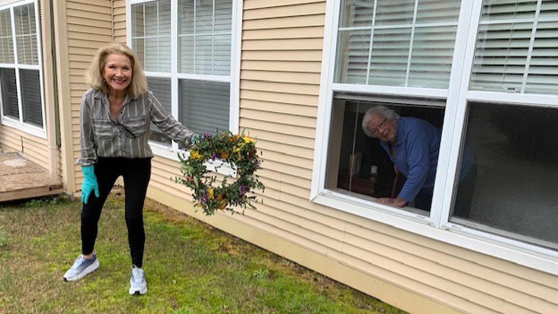 My 91 year old mother lost her brother. S he was unable to attend the funeral due to coronavirus. Two sweet friends bought her a wreath, and we took it to her window of the Assisted living facility in Oxford, Ms on the day of the funeral. This is a picture of her looking out her window as I show her the wreath.