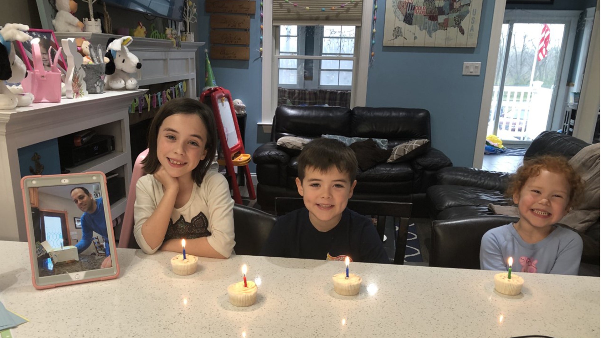 A picture of my three kids Calleigh, 8, Charlie 6 and Cassidy 3, wishing their FDNY firefighter dad Richie, L156 Brooklyn, a happy birthday via iPad. He’s been quarantining himself from us as he goes back and forth to work in an effort to not get any of us sick in case he does. We miss him very much! Thank you Fox News for always giving us the facts and for being this stay at home mom’s connection to the outside world! God bless and be well!