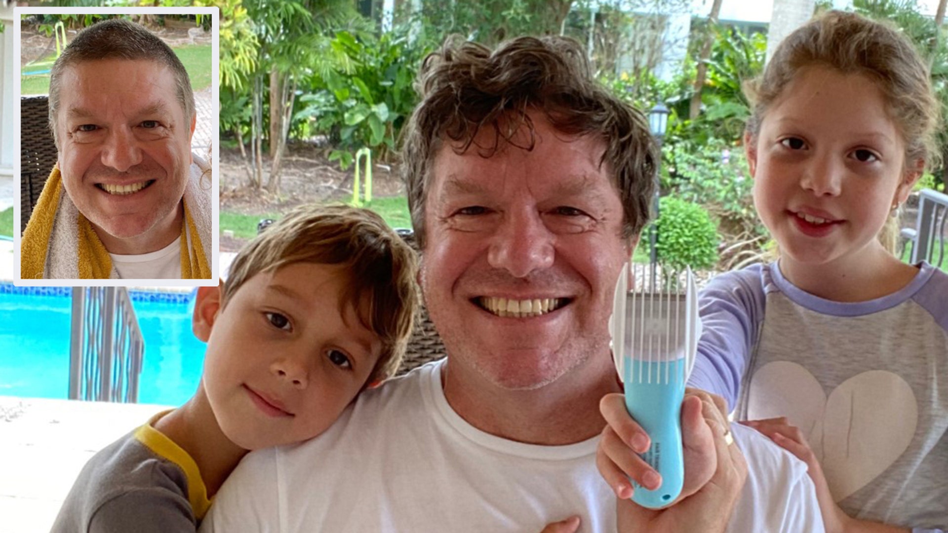 The kids are in charge in quarantine! The hair trimmer comes to the Coral Gables Florida front door and the kids can’t wait to try it on Dad, or “Tati” as they call him in Romanian. (Mrs. Fulton, the Mama is Romanian) Christopher Fulton Jr age 6 Elizabeth Fulton age almost 8 How old is Tati? We aren’t saying. But he definitely looks younger with a haircut ! And Mrs. Fulton is happy too.