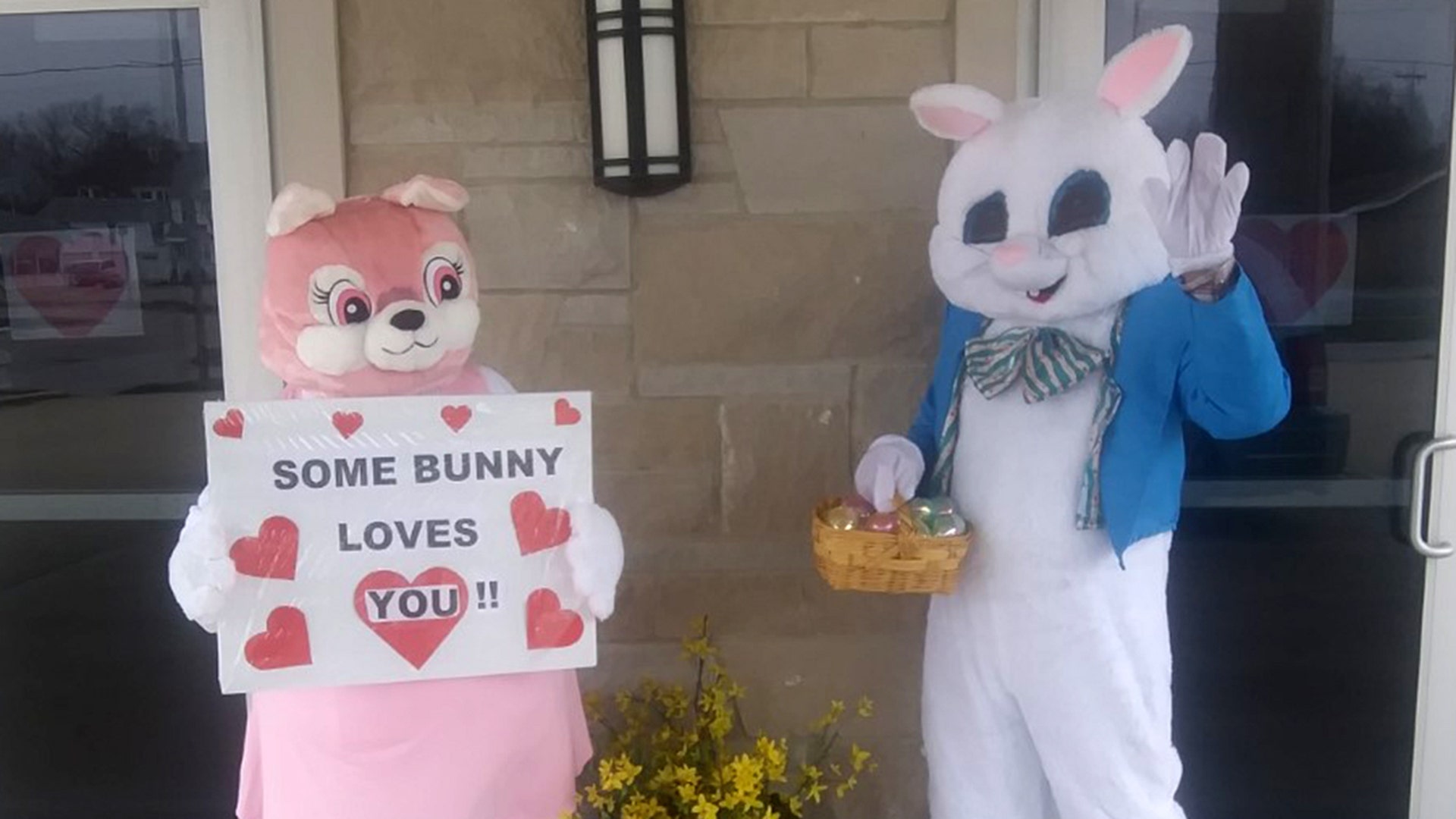 I can't imagine having a loved one in a nursing facility and it being on lockdown for your loved one's own own safety. How hard it would be to keep their spirits up. Many residents do not understand what is happening, not being allowed to have visitors, and why they are confined to small areas for social distancing. With permission of all of facility's Directors and Activity Directors in my small town of Litchfield, Illinois, Tim and I went and knocked around to the outside of the windows of the facilities while the dedicated staff went room to room on the inside. At least the wonderful residents did not miss the Easter Bunny and his helper wishing them a Happy Easter. From the reactions of the residents, a good time was had by all! We had a blast! Thank you to the administrators and directors for allowing us to do our small part, during this difficult time, for those who have given so much in past years to our communities! Sincerely, Tami and Tim Mix