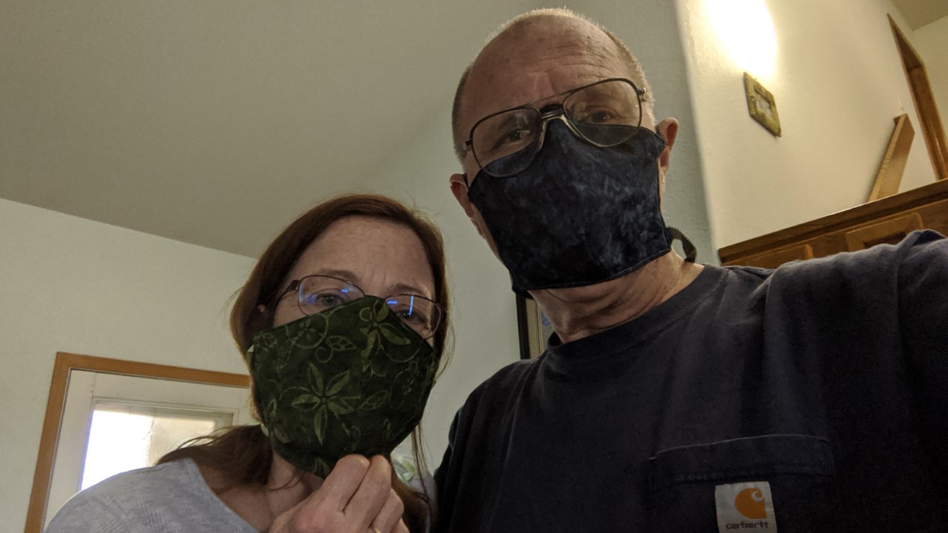 We are Pat and Jay Stoll of Longmont Colorado. The Governor of Colorado recommended we use masks in public just this Friday. Close friends provided us a pair so we can safely take walks together. The masks were sewn by our friend Mary who normally works at a quilt store in Lyons Colorado. I'm able to work a bit from home via phone/computer but my wife has a deep concern for the well being of her employers business and is going in a few times a week to do what she can to keep a small chain of coffee shop running. I have asked her to use the mask since she has very bad asthma. We miss spending time with our daughter's family, my wife's family and our close friends. The shutter in place order has also scuttled the plans we had made for our annual camping trips around the region with other dear friends. Good luck to everyone and please support our President.