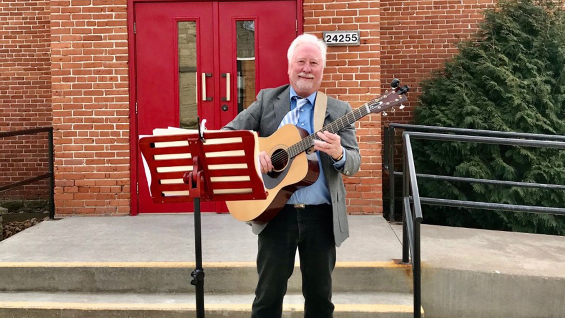 There may not be music inside churches for now but that doesn’t stop Jay Bowers from singing hymns outside the United Methodist Church he attends in Trempealeau, Wisconsin.
