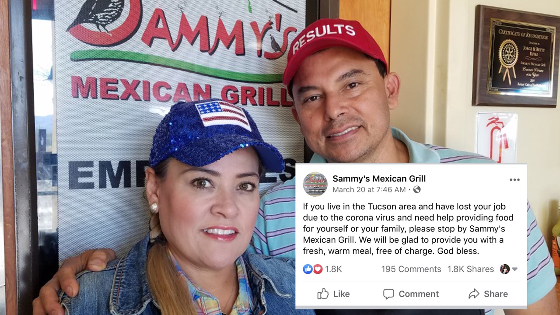 We're the owners of Sammy's Mexican Grill in Tucson, Arizona. We've had a decrease in business ever since the corona virus plagued our nation. But despite that, we're offering free food to anyone who has lost their job because of this virus. We're doing this because it's the right thing to do and we want to help those who are struggling more than us.
