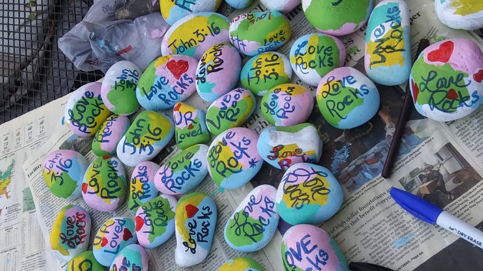 Love Rocks is the theme painted on hundreds of rocks painted with the messages "Love Rocks" and "U R Loved" on one face of the pastel egg-shaped stones. The reverse side reads "John 3:16". As we walk, masked and social distant compliant, my grandchildren, sister and daughter are tossing the imitation Easter eggs onto neighbors yards sharing an encouragement and timely Bible message for all who want to pursue the message. So far, all thumbs up!