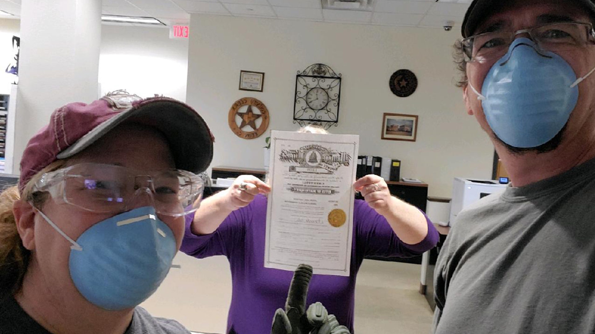 Wedding was originally planned for April 25th, but in the middle of preparations the ability to get cake, flowers, dress, etc was locked down. Then people were not able to come due to lockdowns and the bride is under self quarantine due to compromised immune and underlying medical. Postponing wedding PARTY to next year April 30, 2021, to celebrate marriage, renew vows AND in 1 year rememberence of the times we are in now. We didn't know if we could get marriage licence to do private ceremony this year due to quarantine but Leon Co Texas was open to issue by appt as part of quarantine protocol. Here we are with the certificate and now to wait and get married in private ceremony with social distancing in mind with 1 pastor, 1 witness and PPE. Date is Oct 30, 2020, under 100+ year old oak tree on M M Carlton Ranch. #AmericaTogether A M Carlton &amp; J C Coffman