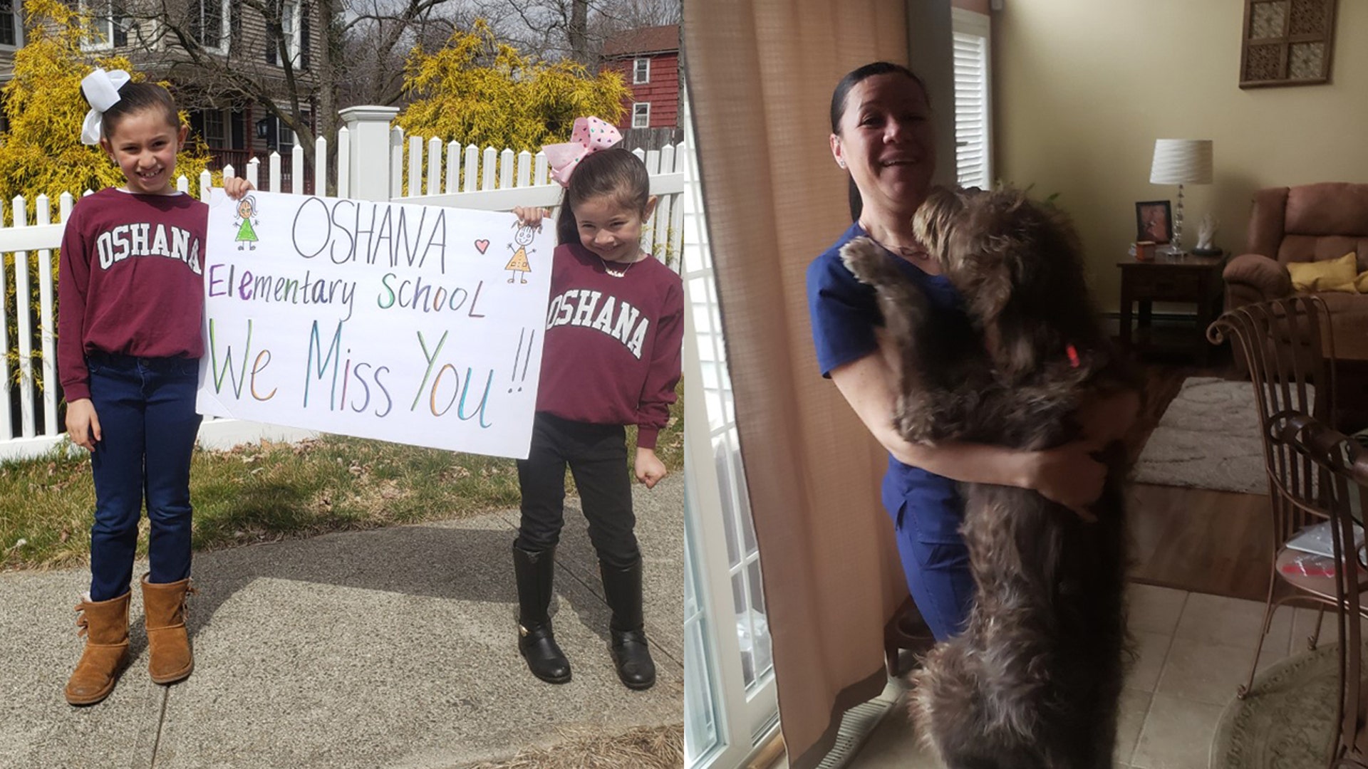 Greetings to the teachers at Oshana Elementary from Adrianna and Gabriella Alicea. Southington, CT That's Cooper receiving mom Karem after coming from working long hours at the Waterbury Hospital, CT and taking care of many patience being treated for coronavirus.