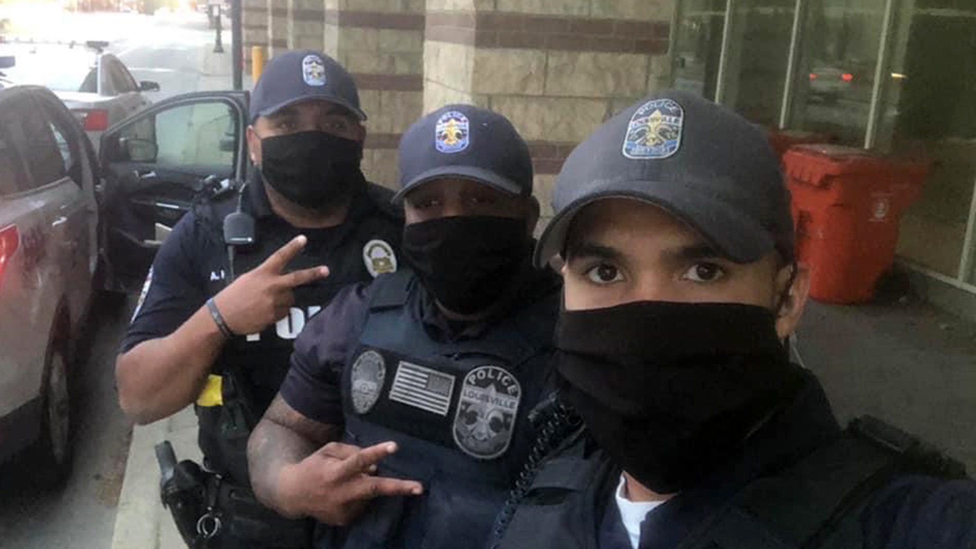 Officers with Louisville Metro’s PD Downtown Area Patrol. Citizen made us cloth masks. Sergeant Christina Beaven Downtown Area Patrol Squad B