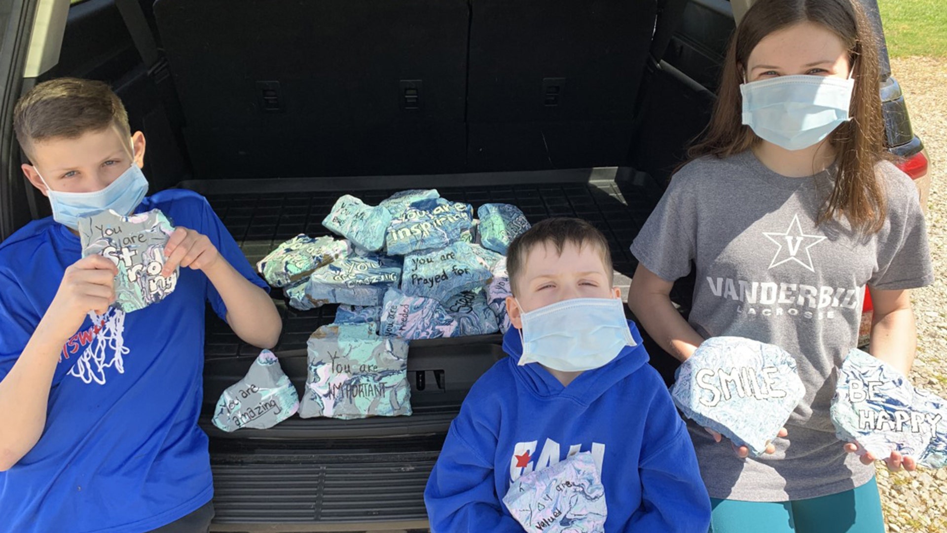 Sweet kids in Tennessee painted 30 rocks, one for each neighbor in a retirement community, with inspirational quotes to encourage the residents during this time of social distancing.