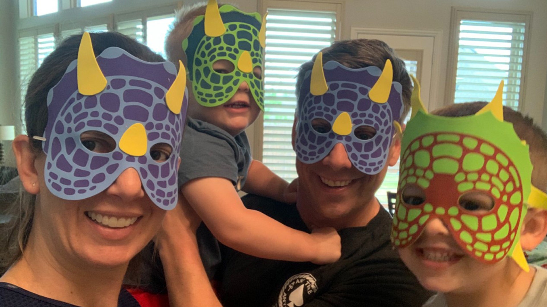Our son Ryder turned 5 April 3 and Brady turned 3 March 24. This is the first birthday grandma and grandpa weren’t here. We did a lot of FaceTime and then took a fun family photo. Ryder wanted the 4 of us to put on dinosaur masks.
