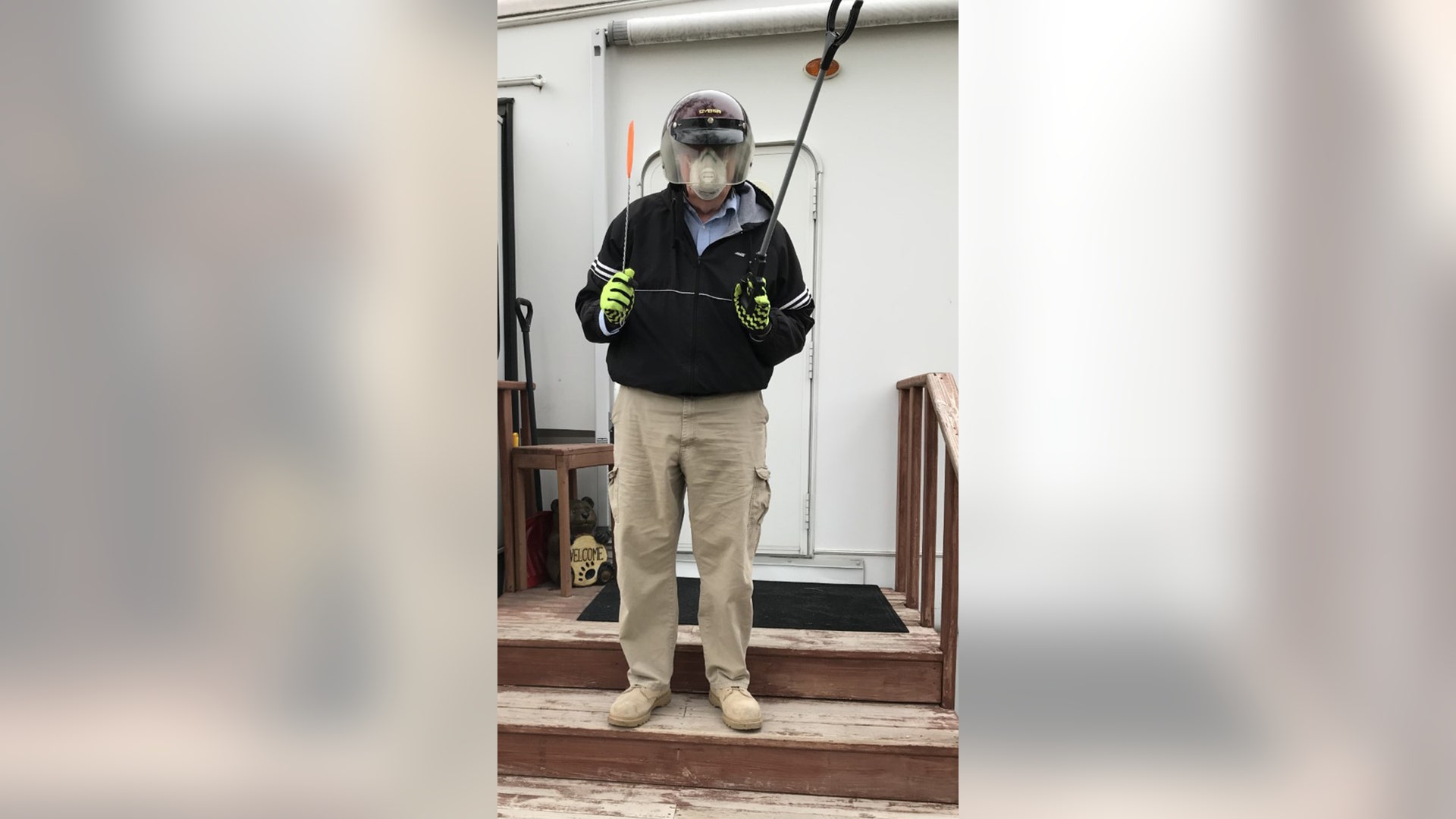 In keeping with the government’s directives, this 74 year old in Nebraska (me) is wearing his PPE: 1. Hard hat with face shield. 2. Face mask. 3. Long sleeves and long pants. 4. Gloves. 5. Desert combat boots. 6. A 3’ grabber tool hooked to a 3’ arm to maintain proper distance. 7. A fly swatter to smash all those nasty bugs.