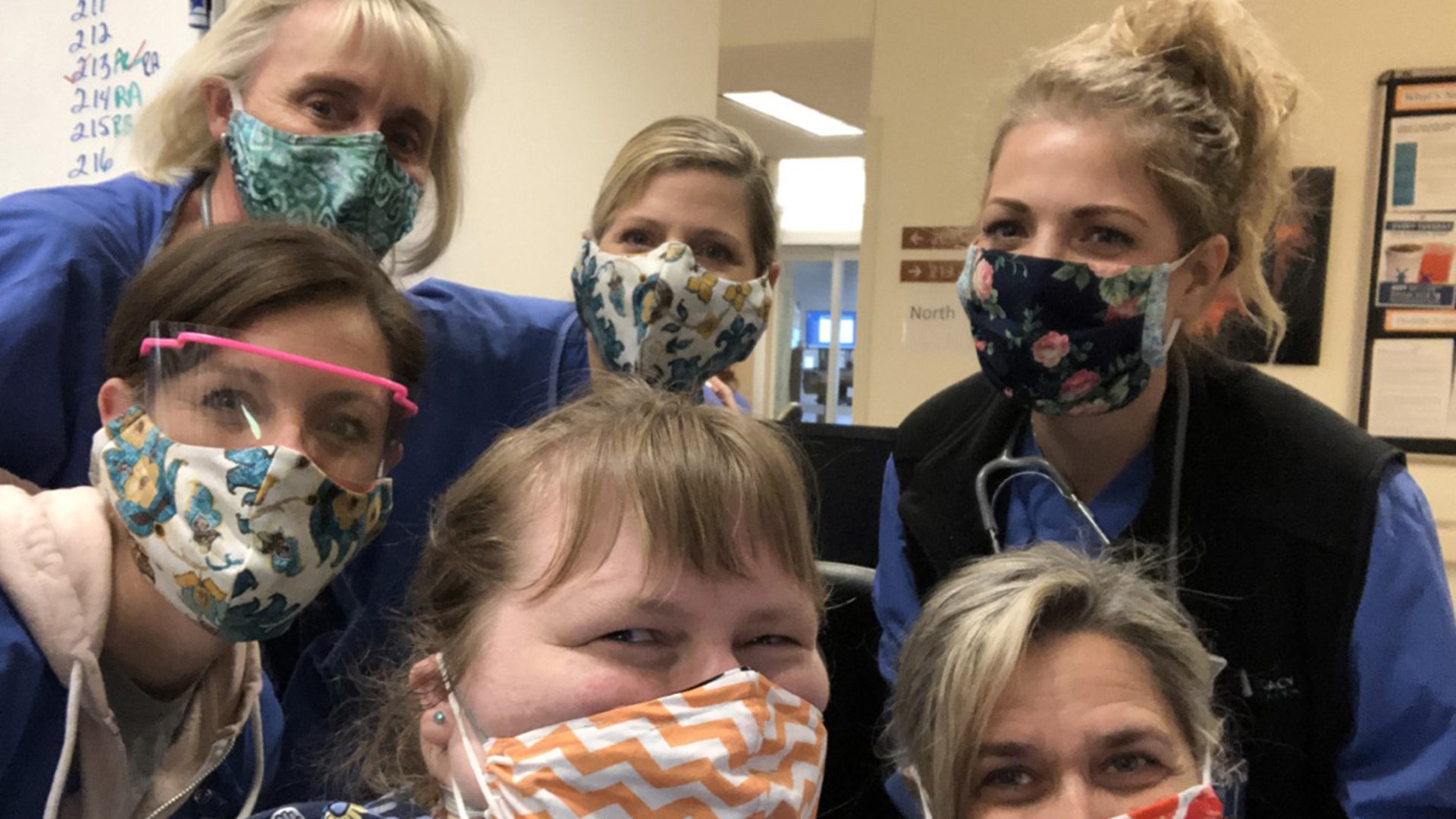 Nurses on the front lines wearing masks donated by the community members just wanting to do something for others. These masks were so helpful, worn under the disposable ones made the disposable ones last longer and be more comfortable too.
