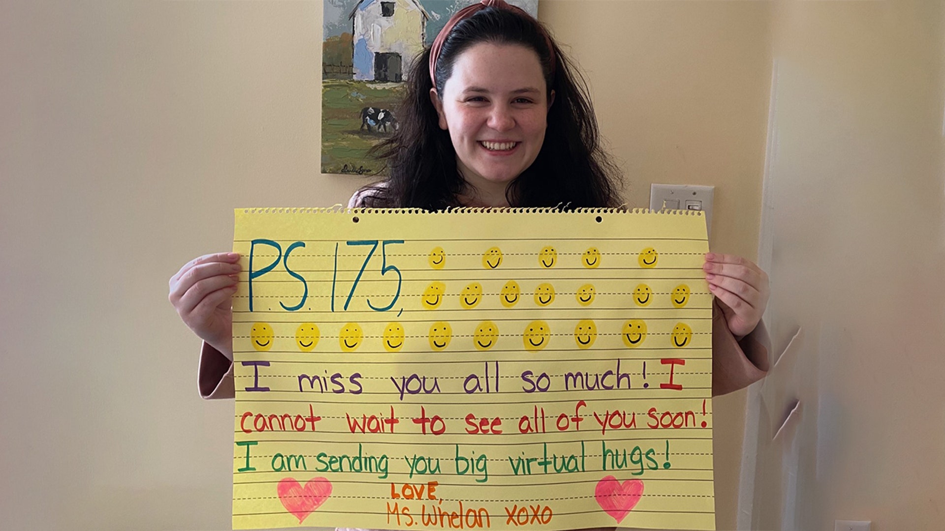 Hi I have attached a picture of my Daughter Emily Whelan a proud NYC school teacher @ PS 175 In the Bronx NY sending Virtual Hugs to her students as she distance teaches her 4th graders Stay safe Bill Whelan