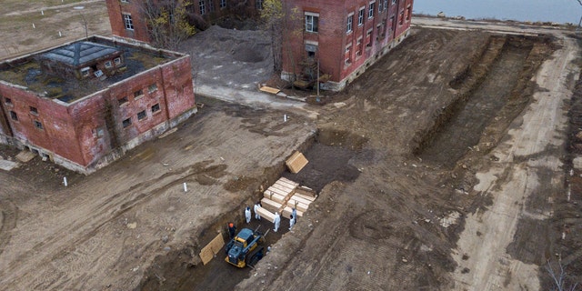 Drone pictures show bodies being buried on New York's Hart Island where the department of corrections is dealing with more burials overall, amid the coronavirus disease (COVID-19) outbreak in New York City, April 9.