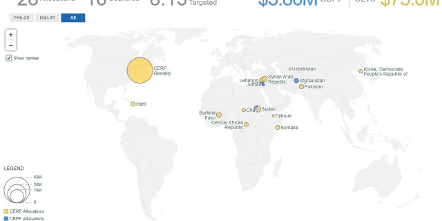 A graphic showing all the countries receiveing money from the U.N. Central Emergency Response Fund as part of the World Heatlth Organizations' "early action response to global containment" of coronavirus, which includes North Korea.
