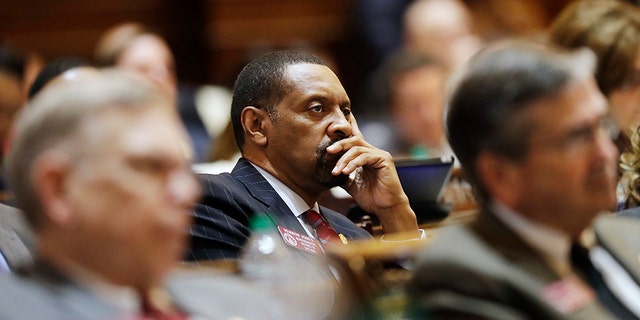 Georgia state Rep. Vernon Jones listens as then-Georgia Gov. Nathan Deal delivers the State of the State address on the House floor in Atlanta, Jan. 11, 2017. (Associated Press)