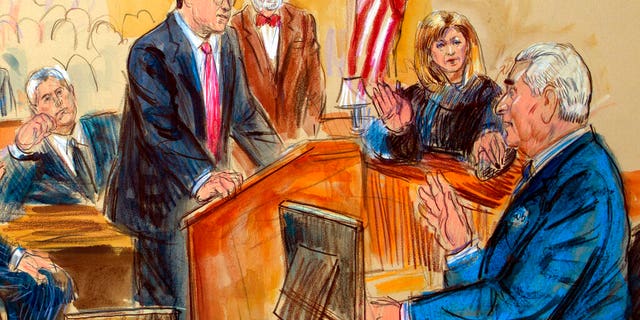 FILE - This Feb. 21, 2019, file courtroom sketch shows former campaign adviser for President Donald Trump, Roger Stone talking from the witness stand as prosecution attorney Jonathan Kravis, standing left, Stone's attorney Bruce Rogow, third from right, and Judge Amy Berman Jackson listen, during a court hearing at the U.S. District Courthouse in Washington. Kravis will run a new public corruption unit at the District of Columbia Office of the Attorney General, which has jurisdiction over juvenile offenses as well as misdemeanor crimes. (Dana Verkouteren via AP, File)