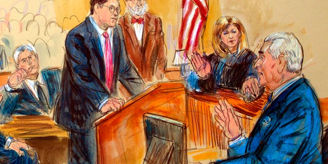 FILE - This Feb. 21, 2019, file courtroom sketch shows former campaign adviser for President Donald Trump, Roger Stone talking from the witness stand as prosecution attorney Jonathan Kravis, standing left, Stone's attorney Bruce Rogow, third from right, and Judge Amy Berman Jackson listen, during a court hearing at the U.S. District Courthouse in Washington. Kravis will run a new public corruption unit at the District of Columbia Office of the Attorney General, which has jurisdiction over juvenile offenses as well as misdemeanor crimes. (Dana Verkouteren via AP, File)