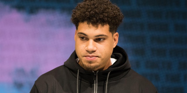 Missouri tight end Albert Okwuegbunam speaks to the media during the 2020 NFL Combine in the Indianapolis Convention Center. Mandatory Credit: Trevor Ruszkowski-USA TODAY Sports
