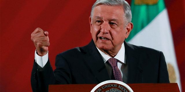 FILE: Mexico's President Andres Manuel Lopez Obrador speaks during a news conference at the National Palace in Mexico City, Mexico.