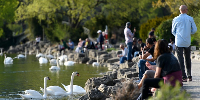 People enjoy the sun on the shore of Lake Biel during the state of emergency of the coronavirus disease (COVID-19) outbreak, in Biel, Switzerland, Monday, April 13, 2020. Countries around the world are taking increased measures to stem the widespread of the SARS-CoV-2 coronavirus, which causes the Covid-19 disease. (KEYSTONE/Anthony Anex)