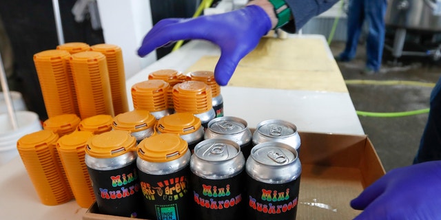 A worker puts four-pack covers on canned beers after they came off the filling conveyor at the ShuBrew craft brewery in Harmony, Pa on April 16. After the state liquor control board closed the Pennsylvania state-owned stores that retail nearly all of the state's liquor in March, the small microbrewery business pulled an all-nighter to retool its website and operations and went to online ordering and curbside pickup for patrons at their Zelienople, Pa. restaurant. (AP Photo/Keith Srakocic)