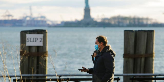 Pedestrians wearing face masks while walking in Battery Park on Saturday in New York City. (AP Photo/Frank Franklin II)