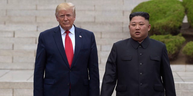 President Trump, left, meets with North Korean leader Kim Jong Un at the North Korean side of the border at the village of Panmunjom in Demilitarized Zone on June 30, 2019.<br>
(AP Photo/Susan Walsh, File)