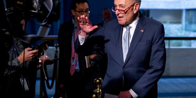 FILE - In this March 20, 2020, file photo Senate Minority Leader Sen. Chuck Schumer of N.Y., speaks to reporters as he arrives for a meeting to discuss the coronavirus relief bill on Capitol Hill Washington. The Trump administration and Congress are nearing an agreement as early as Sunday, April 19, on a $400-plus billion aid package to boost a small-business loan program that has run out of money and add funds for hospitals and COVID-19 testing. (AP Photo/Andrew Harnik, File)