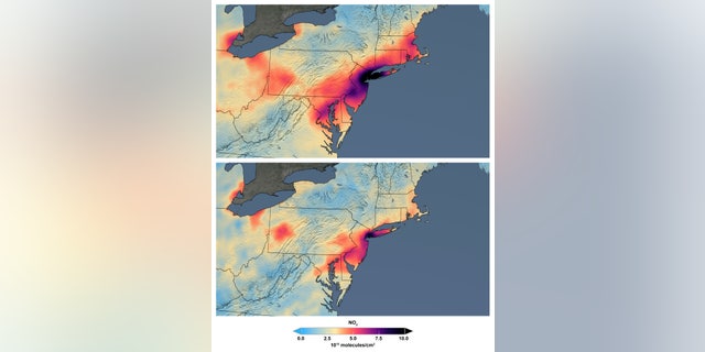 These maps made available by NASA shows the average concentration of nitrogen dioxide in March as people stay home against the COVID-19 coronavirus. NO2 is a noxious gas emitted by motor vehicles, power plants, and industrial facilities. (NASA via AP)