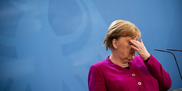German Chancellor Angela Merkel attends a press conference following the European Council video conference on 23 April 2020. 