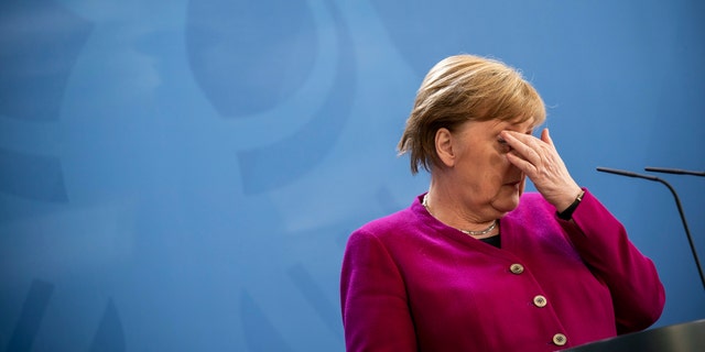 German Chancellor Angela Merkel attends a press conference following the European Council video conference on 23 April 2020.
