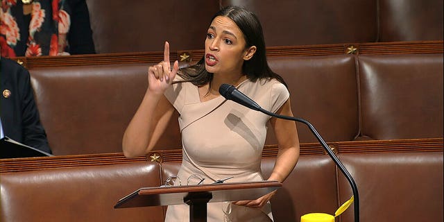 In this image from video, Rep. Alexandria Ocasio-Cortez, D-N.Y., speaks on the floor of the House of Representatives at the U.S. Capitol in Washington, Thursday, April 23, 2020. (House Television via AP)