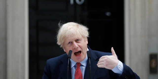 British Prime Minister Boris Johnson makes a statement on his first day back at work in Downing Street, London, on Monday after recovering from a bout with the coronavirus that put him in intensive care. (AP)