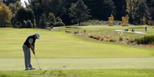 A man prepares to putt on a green at a golf course as level four COVID-19 restrictions are eased in Christchurch, New Zealand, Tuesday, April 28, 2020. New Zealand eased its strict lockdown restrictions to level three at midnight to open up certain sections of the economy but social distancing rules will still apply.?