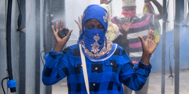 Ferry commuters walk through an automated disinfecting machine installed this week that sprays disinfectant onto all passengers boarding or disembarking ferries that cross the harbor of Mombasa, on the south coast of Kenya Wednesday. (AP Photo)