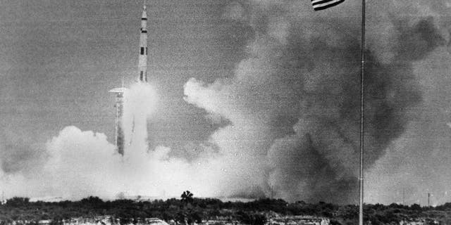 The huge Saturn rocket carrying the Apollo 13 spacecraft is on its moon mission, lifts off the launch pad at Cape Kennedy, Fla., April 11, 1970