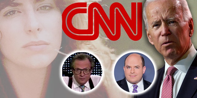 CNN's Brian Stelter, center right, is facing criticism for his response to the sexual-assault claim from Tara Reade, far left, against then-Sen. Joe Biden, far right. Reade's mother apparently called the CNN talk show hosted by Larry King, center left, decades ago.
