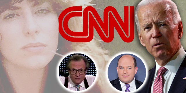 CNN's Brian Stelter, center right, is facing criticism for his response to the sexual-assault claim from Tara Reade, far left, against then-Sen. Joe Biden, far right. Reade's mother apparently called the CNN talk show hosted by Larry King, center left, decades ago.